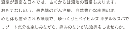 温泉が豊富な日本では、古くからは湯治の習慣もあります。おもてなしの心、最先端のがん治療、自然豊かな南国の地。心も体も癒やされる環境で、ゆっくりとベイヒルズ ホテル＆スパでリゾート気分を楽しみながら、痛みのないがん治療をしませんか。